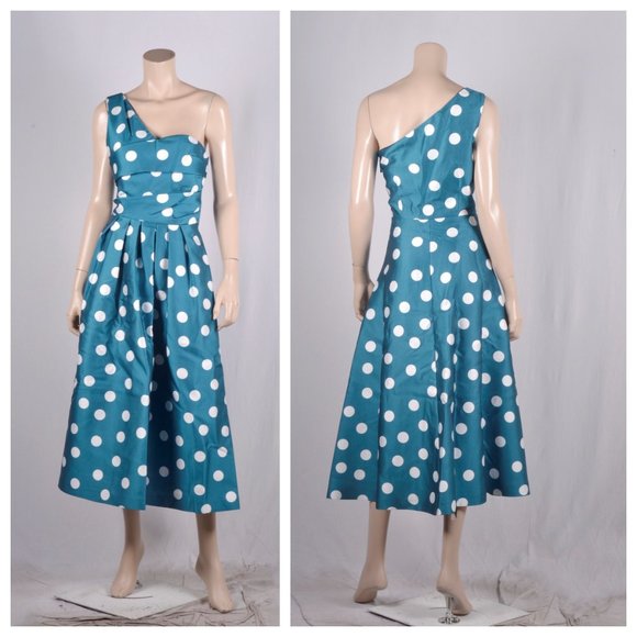 Kay Unger Victoire One-Shoulder Mikado Cocktail Polka Dot Dress - Picture 2 of 3